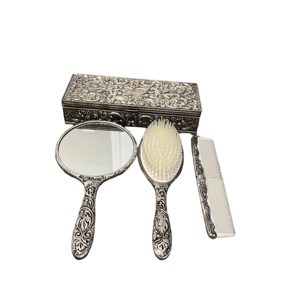 Godinger Ornate Silver Plated Jewelry‎ Box, Hand Mirror, Comb, And Brush